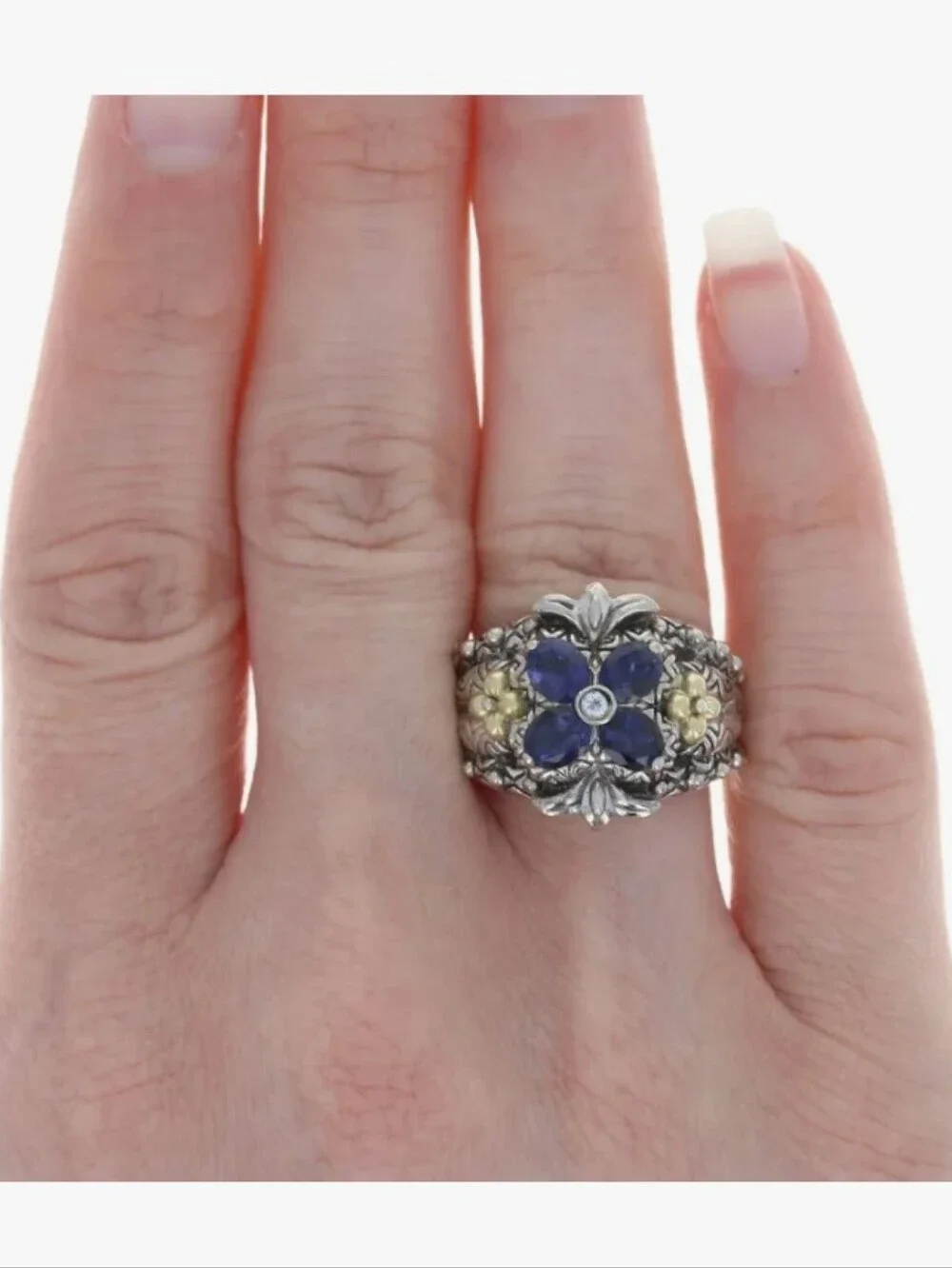 Barbara Bixby Sz 10 Sterling Silver Floral Iolite Ring with 18k Gold Accents